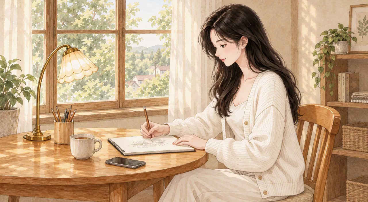 苏叶的房间：她坐在窗边低头画画，窗外阳光很好
